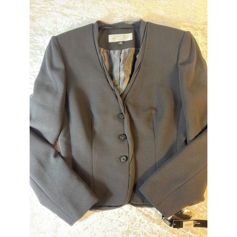 NWT Tahari Arthur S Levine Blazer Jacket Petite 2P Black Career Office 3 Button